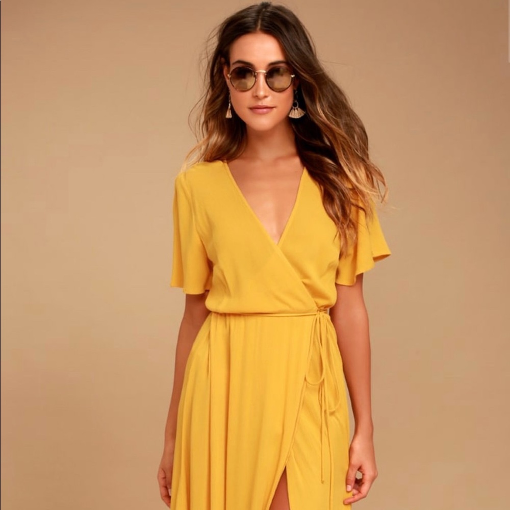 Lulu's Much Obliged Golden Yellow Wrap Maxi Dress